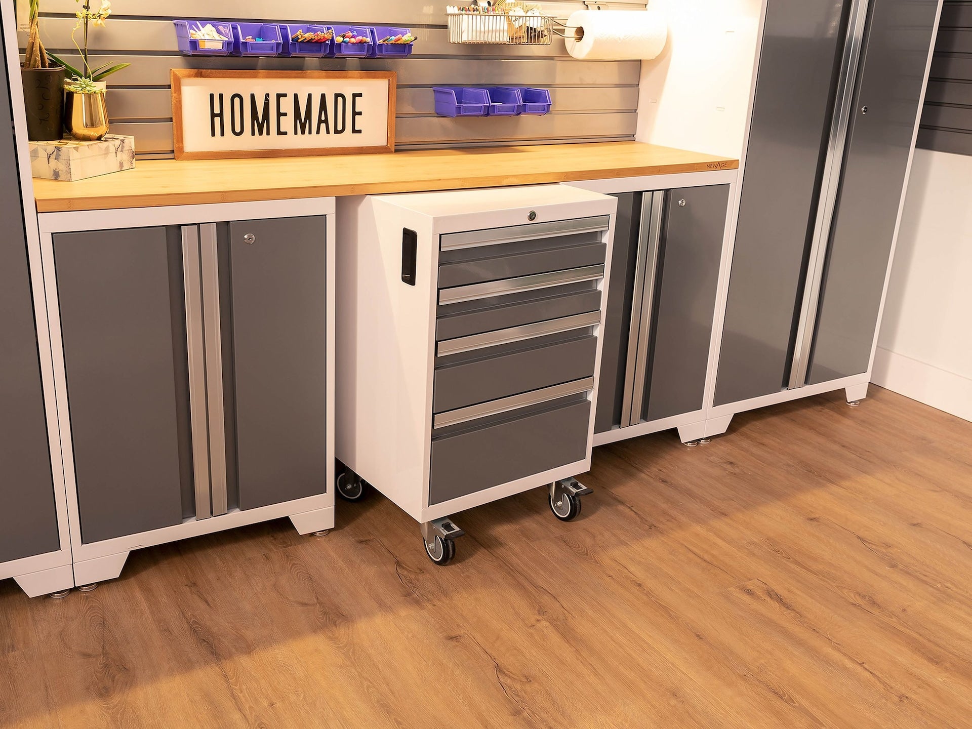 NewAge Bold 3.0 Series All-in-One Lockable Steel Garage Cabinetry Set with Bamboo Top, White/Platinum, 48-in x 18-in x 76.75-in, 5-pc
