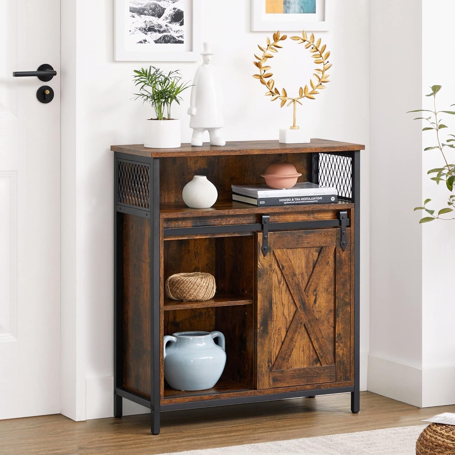Songmics Home Rustic Brown Cabinet with Sliding Door