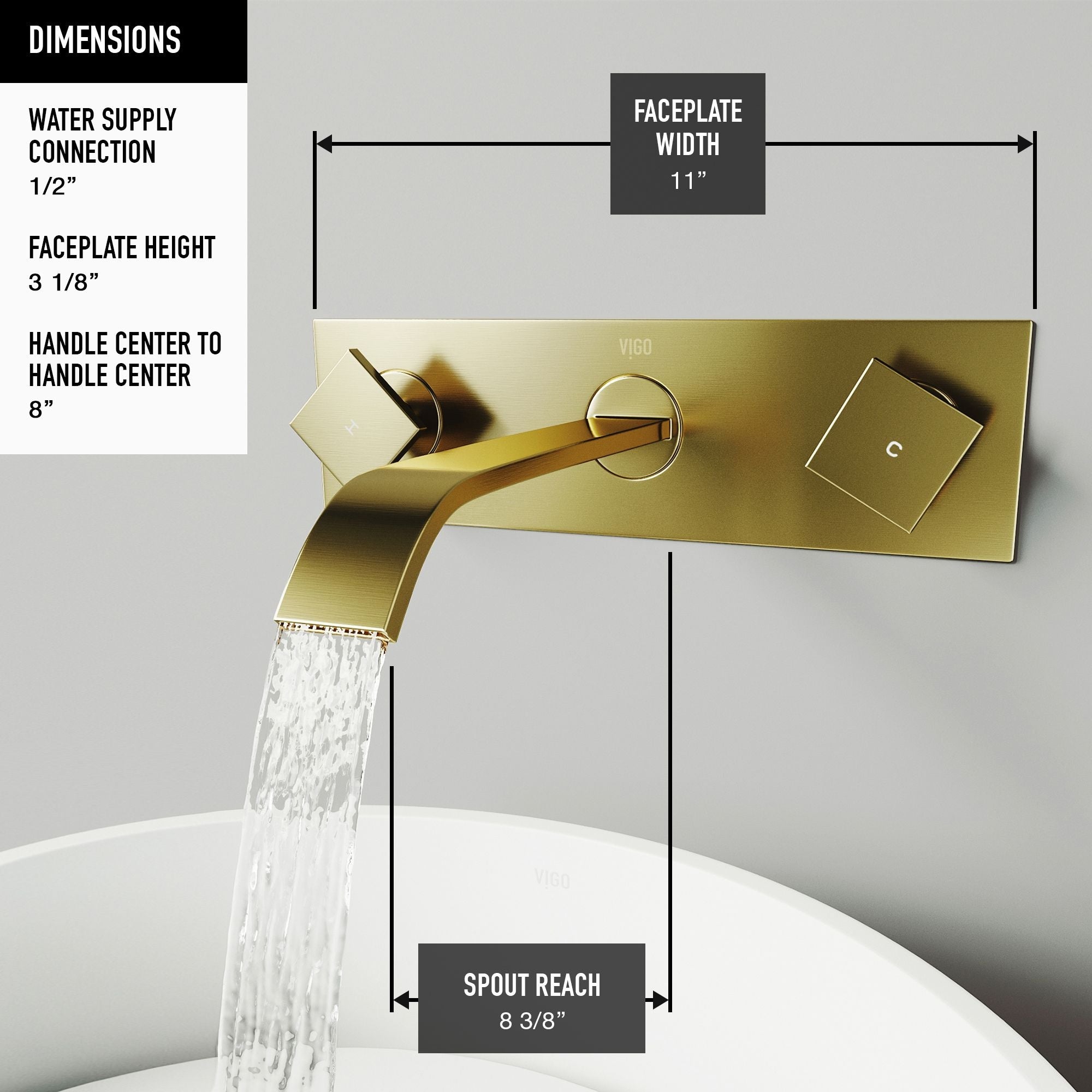 VIGO Titus Wall Mount Dual Handle Bathroom Sink Faucet, Eco-Friendly 1.2 GPM Flow Rate, Matte Brushed Gold