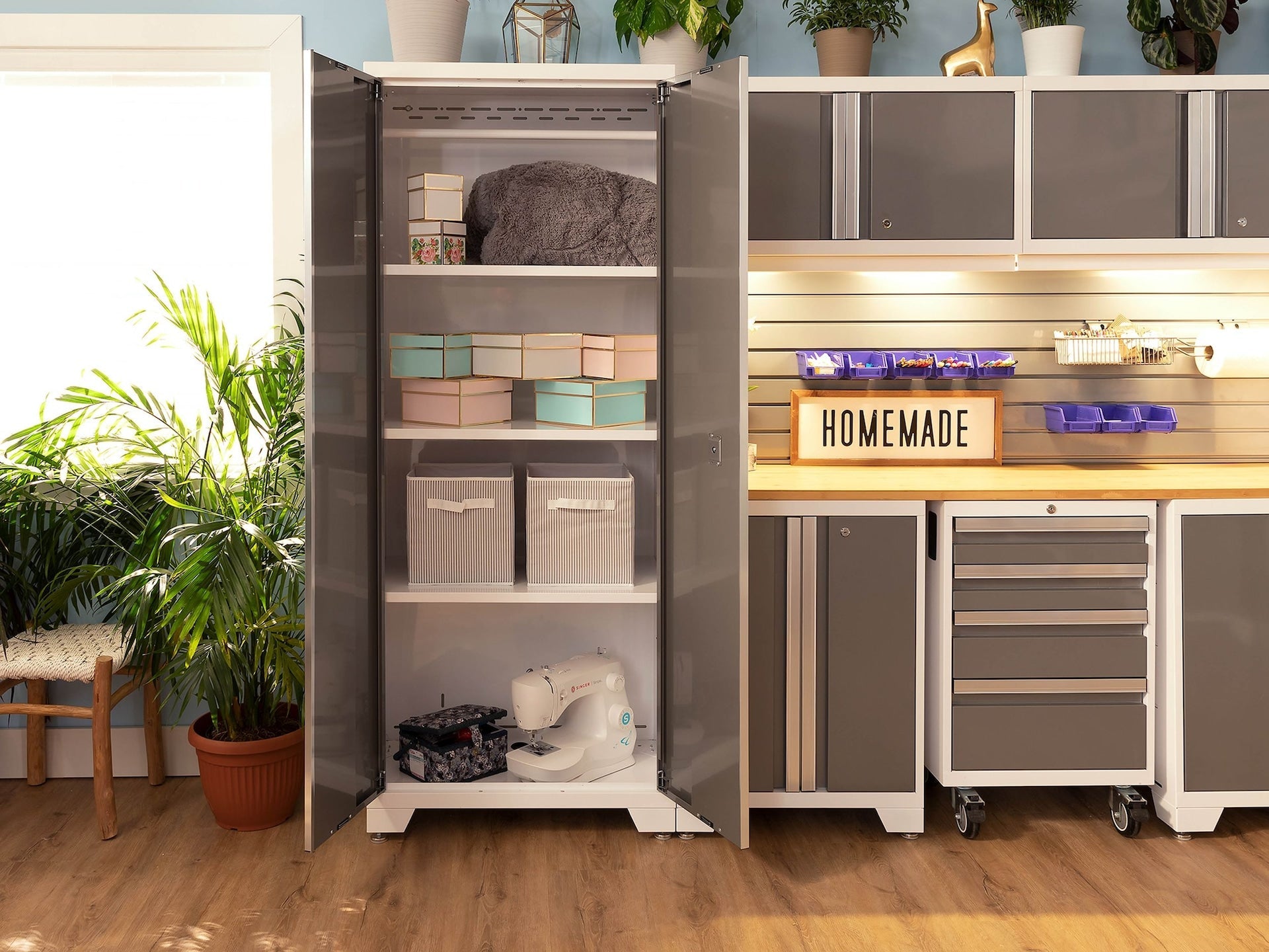 NewAge Bold 3.0 Series All-in-One Lockable Steel Garage Cabinetry Set with Bamboo Top, White/Platinum, 48-in x 18-in x 76.75-in, 5-pc